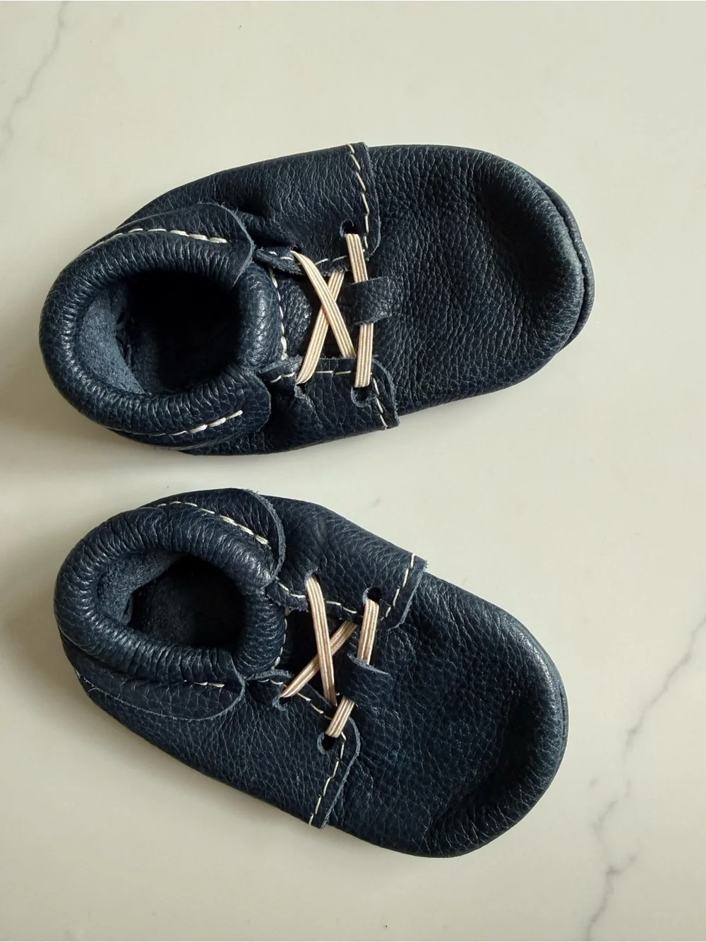 Freshly Picked Navy Blue Leather Baby Moccasins with Tan Laces